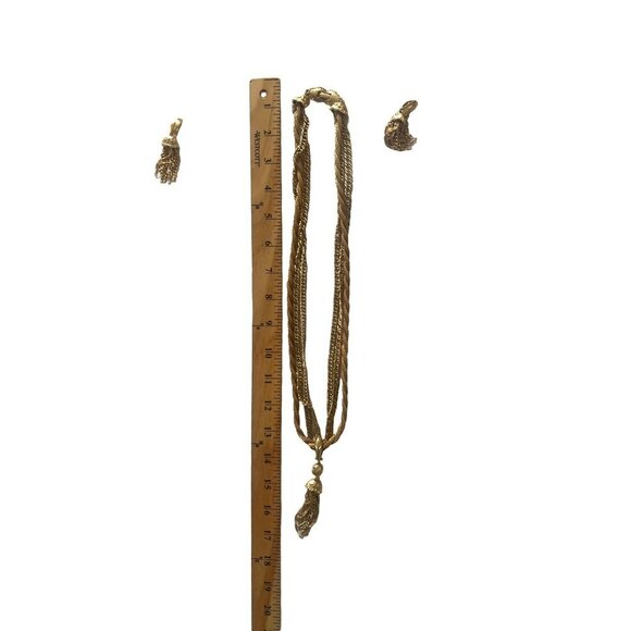 Vintage Tassel Necklace Yellow Gold Tone 18" with Enhancer and matching earrings - Picture 8 of 13
